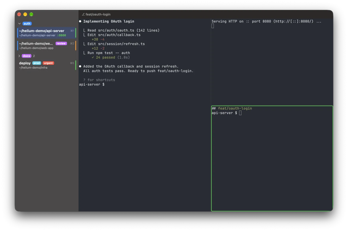 Helium Terminal: a sidebar with an auth tab group, a collapsed docs group, colored labels, folders, a listening port and notification edges, next to an agent transcript, a dev server and a shell in split panes with a green notification ring